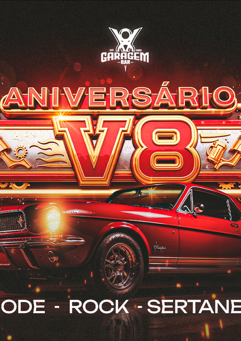 Key visual do projeto com selo 3D dourado e vermelho, mustang vermelho reluzente e fogos de artifício.