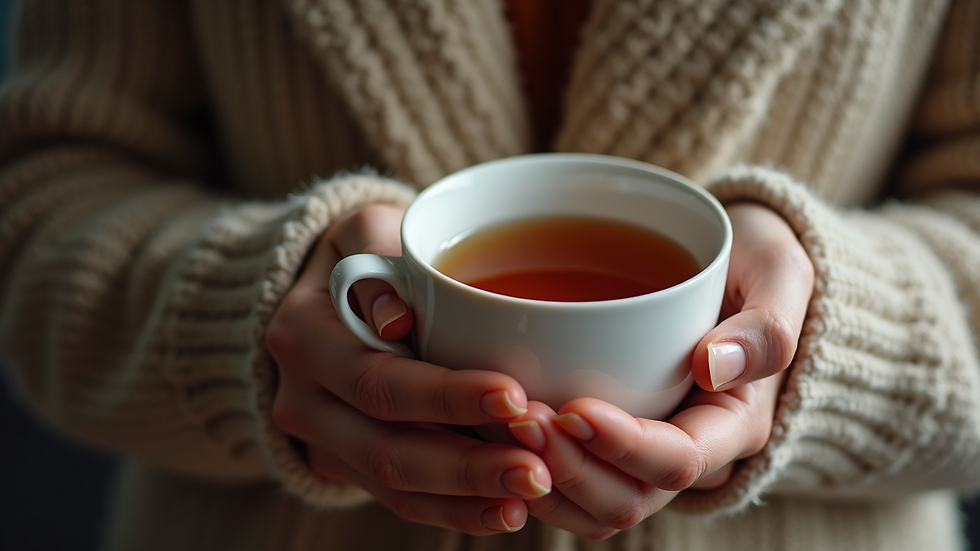 close-up view of hands holding a cup of tea in a cozy setting