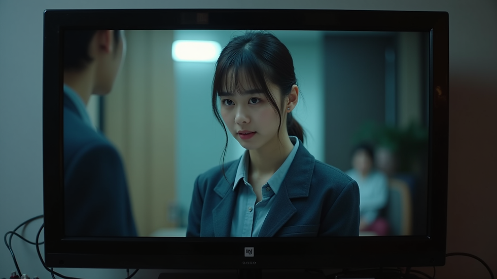 close-up view of a TV screen showing a scene from a drama