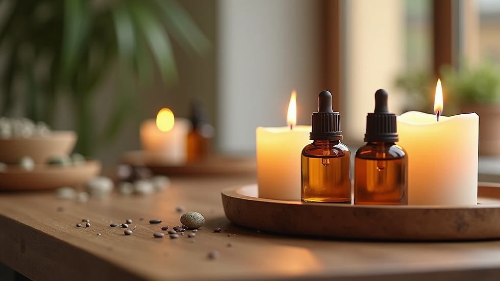 close-up view of aromatherapy oils and candles on wooden table