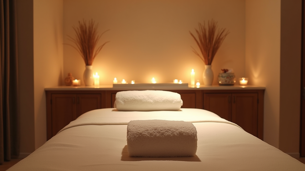 eye-level view of cozy massage room with soft lighting