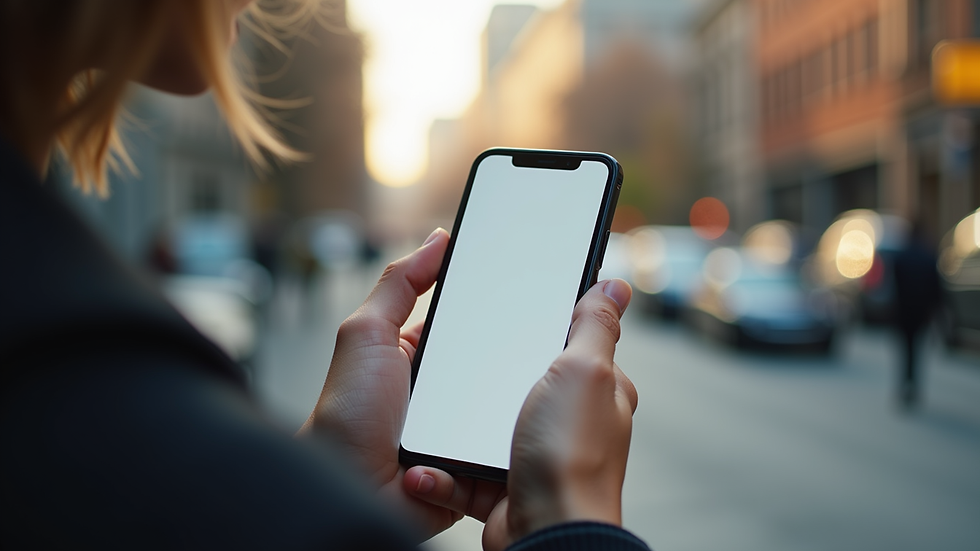 close-up view of a hand holding a smartphone showing a review app