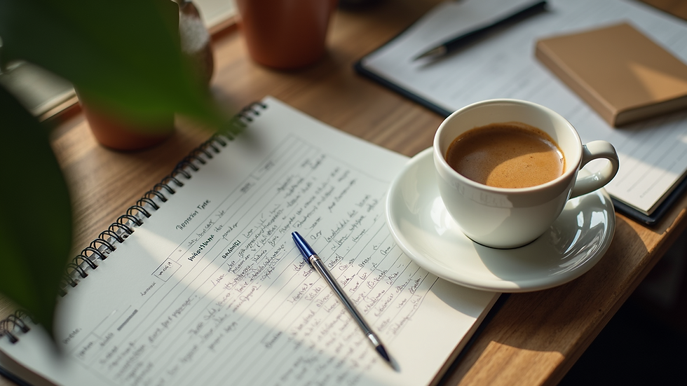 High angle view of a study desk with notes and a cup of coffee