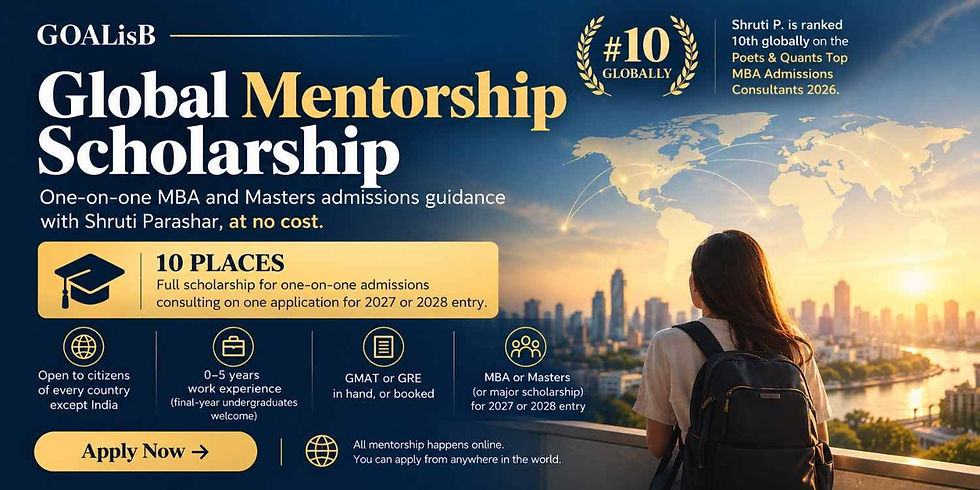Free one-on-one admissions mentorship from Shruti Parashar of GOALisB, ranked #10 globally among MBA admissions consultants by Poets & Quants. 10 places for international applicants outside India, 0 to 5 years of experience.