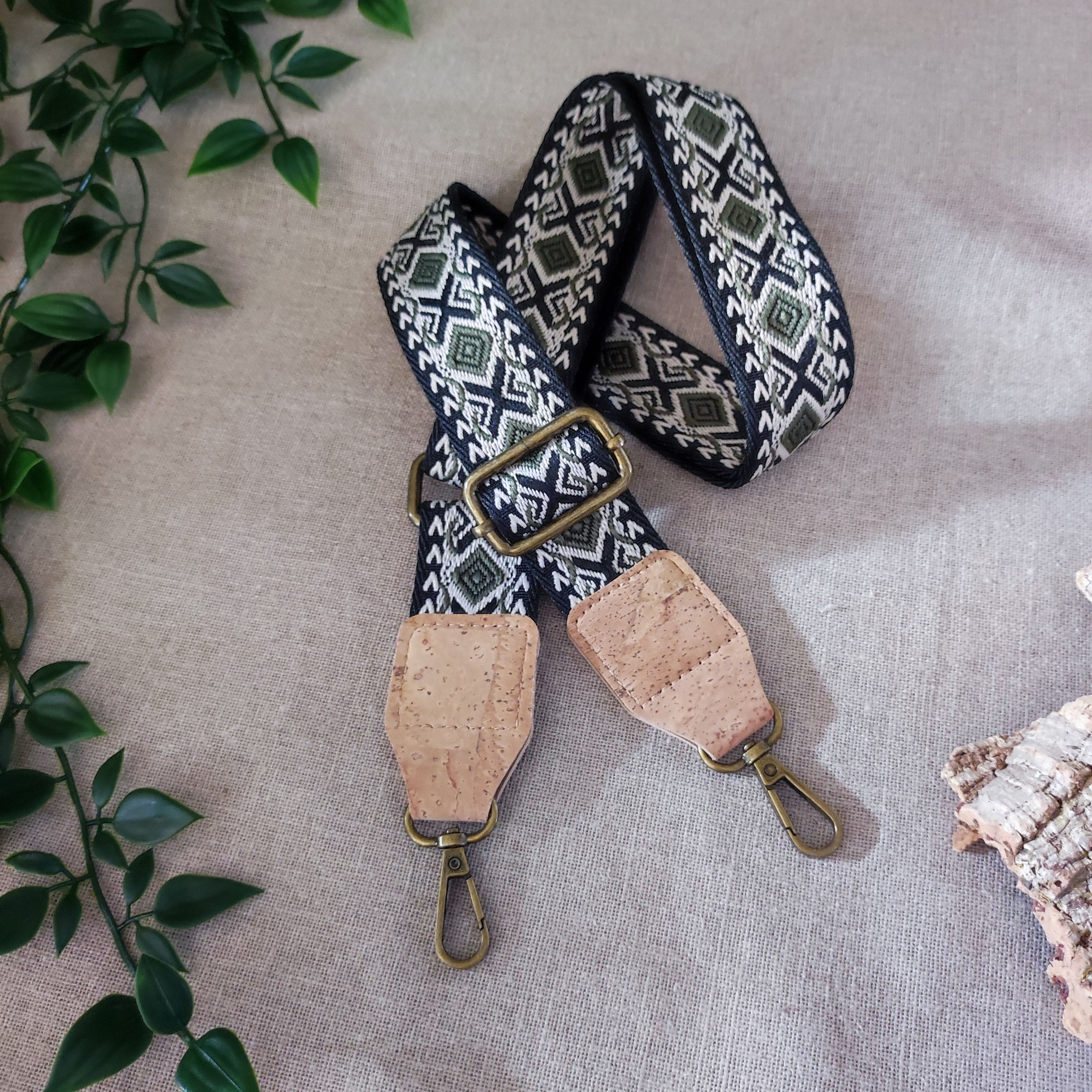 Bandoulière sangle tissée et liège - kaki