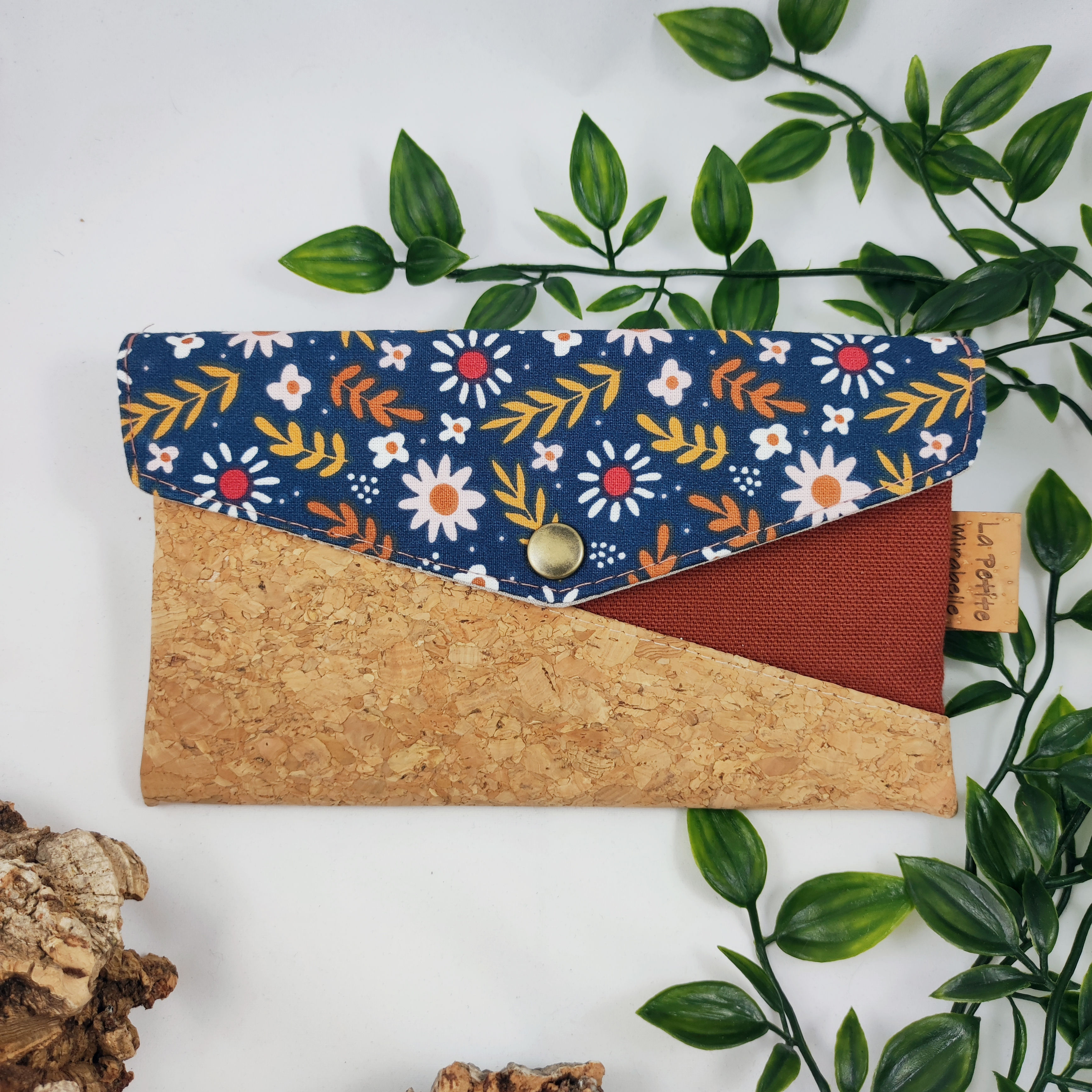 Petite pochette CATHELLE - Fleuri nuit / brique et liège nature aggloméré