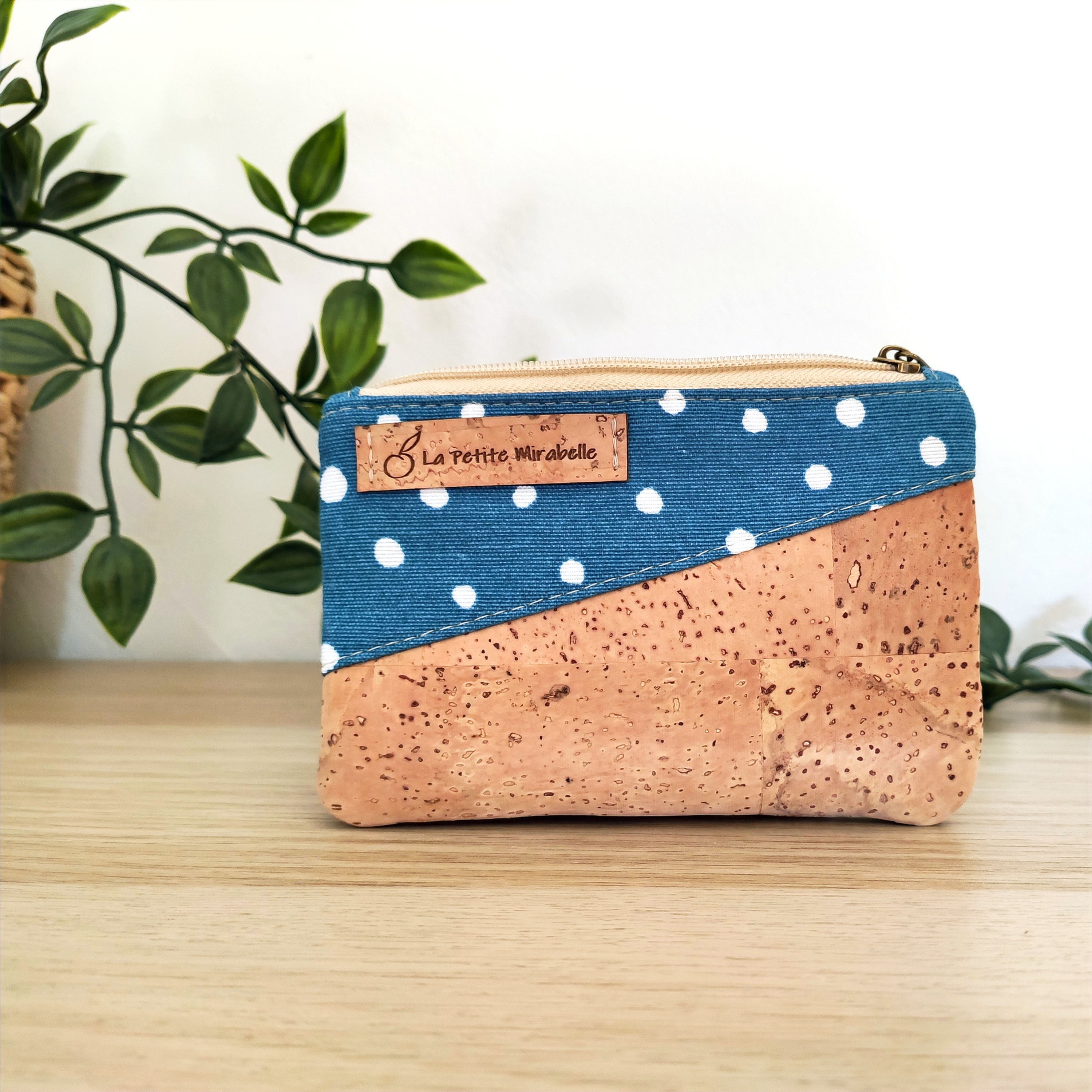 Porte-monnaie YERRI - Petits pois turquoise et liège nature