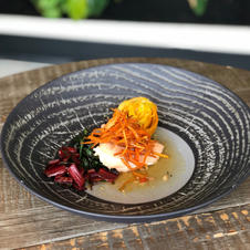 Yam rosette, carrot saladita, Thai poached salmon