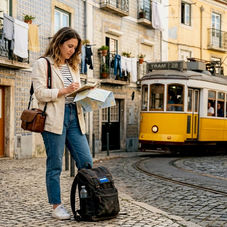 Travel blogger writing in Lisbon street scene