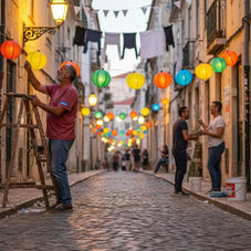 Lisbon local setting up street festival