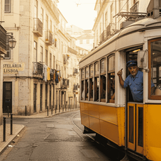 Vintage tram on Alfama street in Lisbon
