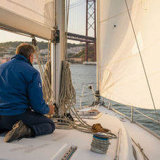 Sailor on deck with Lisbon bridge and skyline