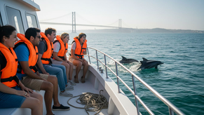 Tourists spot dolphins near Lisbon from boat