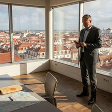 Business traveler in Lisbon office with city view