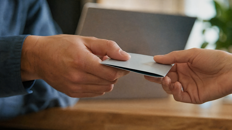 Close-up of hands passing a referral card between a case manager and a K&I Healthcare Services team member