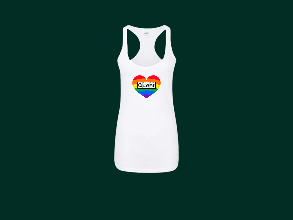 White Tank Top Front View - Rainbow Heart Pictured Reads "Queer" in block lettering