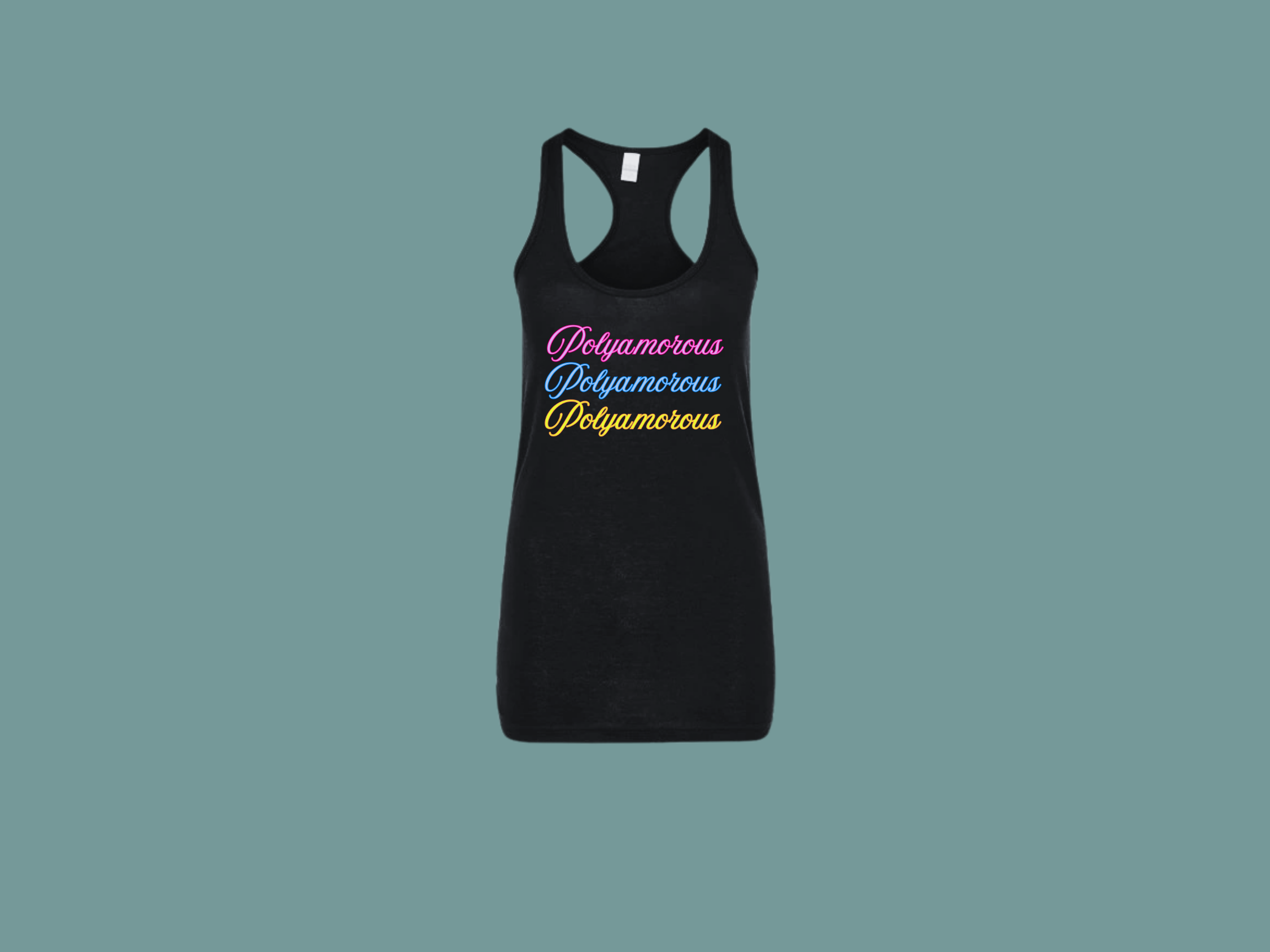 Black Tank Top Front View - Reads "Polyamorous" three times in pink, blue, and yellow cursive lettering