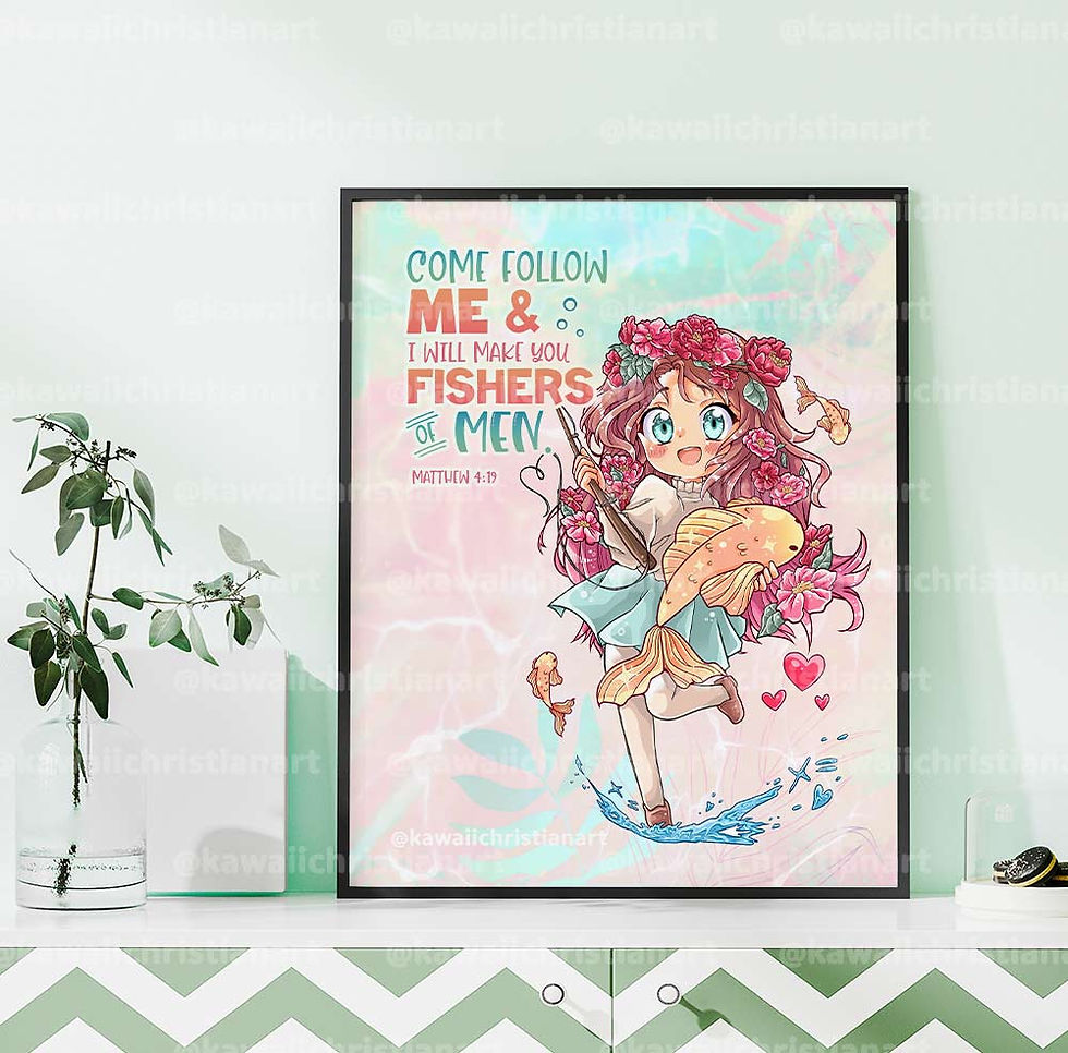 Thumbnail: Matthew 4:19 Christian Chibi Anime Art Print - Faith-Inspired Wall Art Print