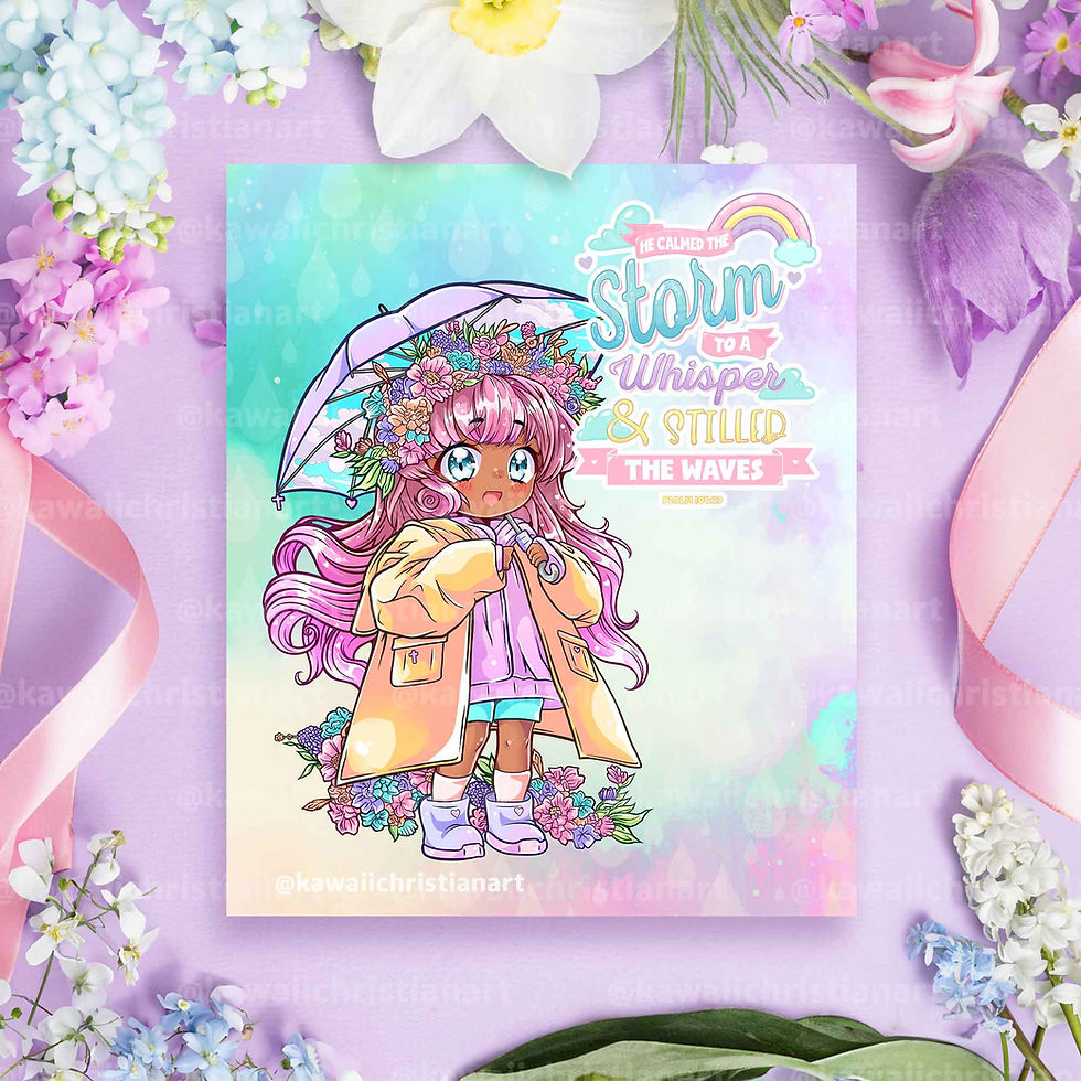 Thumbnail: Psalm 107:29 Christian Chibi Anime Art Print - Faith-Inspired Wall Art