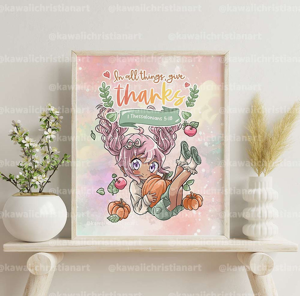 Thumbnail: 1 Thessalonians 5:18 Chibi Christian Anime Art Print - Faith-Inspired Wall Decor