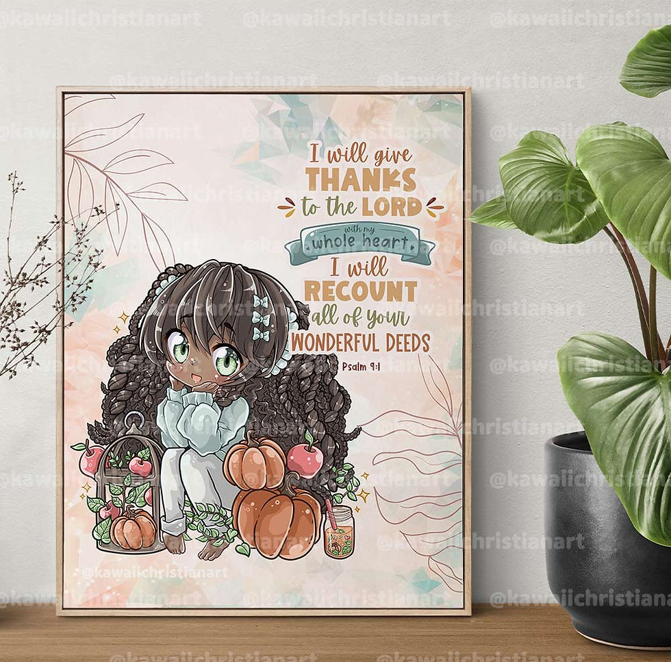 Thumbnail: Psalm 9:1 Anime Chibi Christian Print - Faith-Inspired Bible Verse Wall Decor