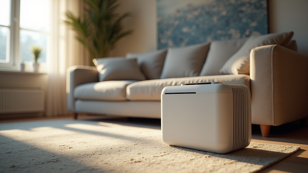 Eye-level view of air quality testing equipment set up in a residential living room
