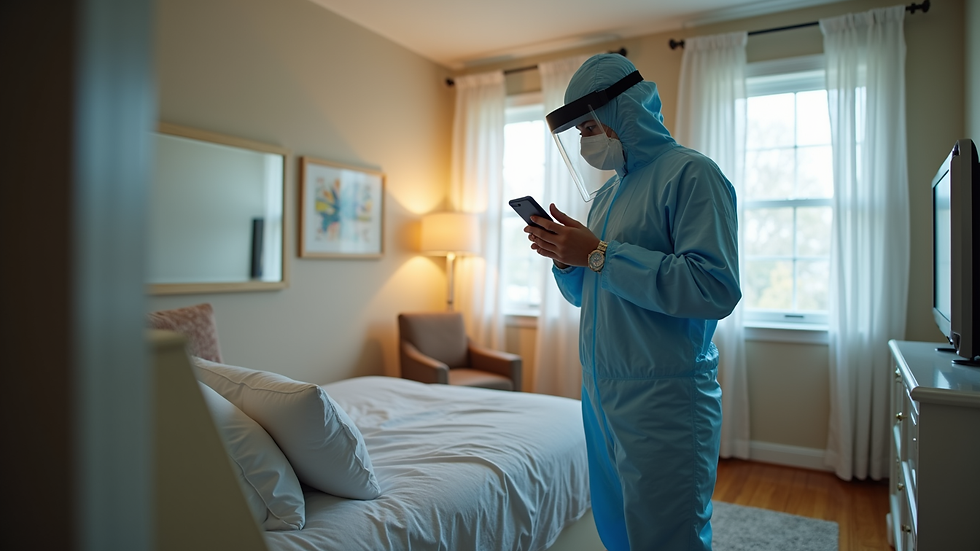 Eye-level view of a technician using an air sampling pump in a residential room