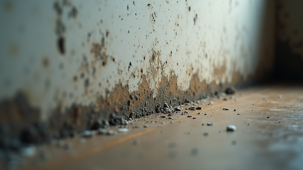 Close-up view of a basement wall with visible mold spots