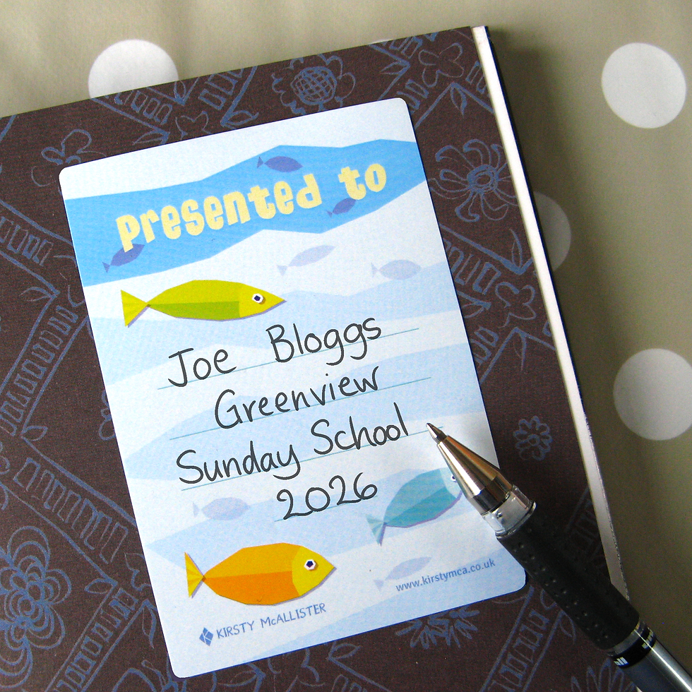 Book presentation label, with a picture of fish on a blue background