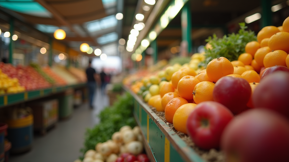 Eye-level view of a vibrant fruit and vegetable market