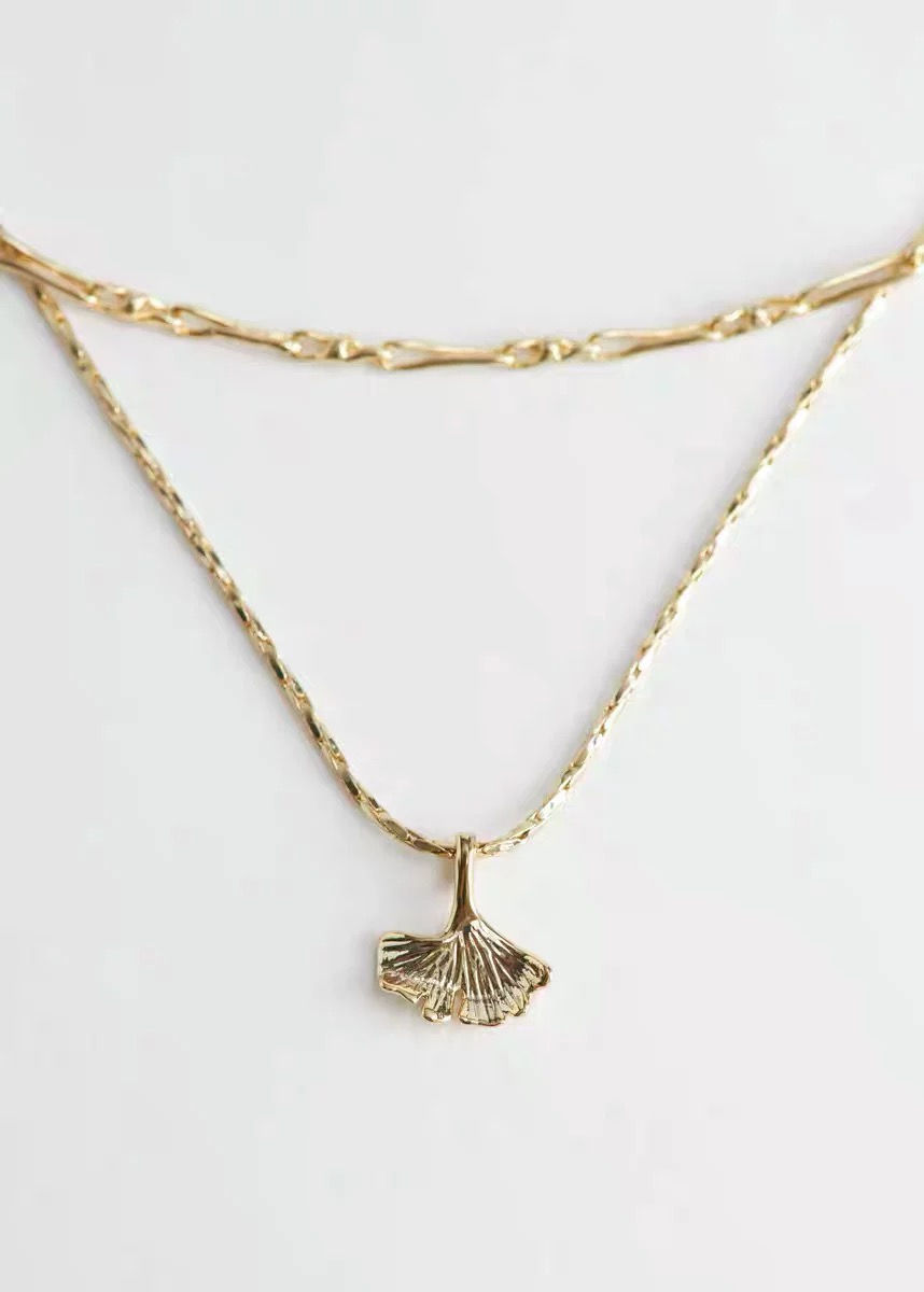 銀杏葉淡金色雙項鍊 細節圖