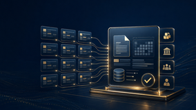 Doze módulos mensais de dados convergem para painel anual de informações contábeis e empresariais em azul-marinho e dourado.