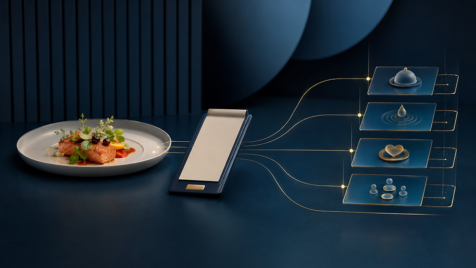 Prato e comanda digital conectados a quatro fluxos de classificação tributária de IBS e CBS para bares e restaurantes.