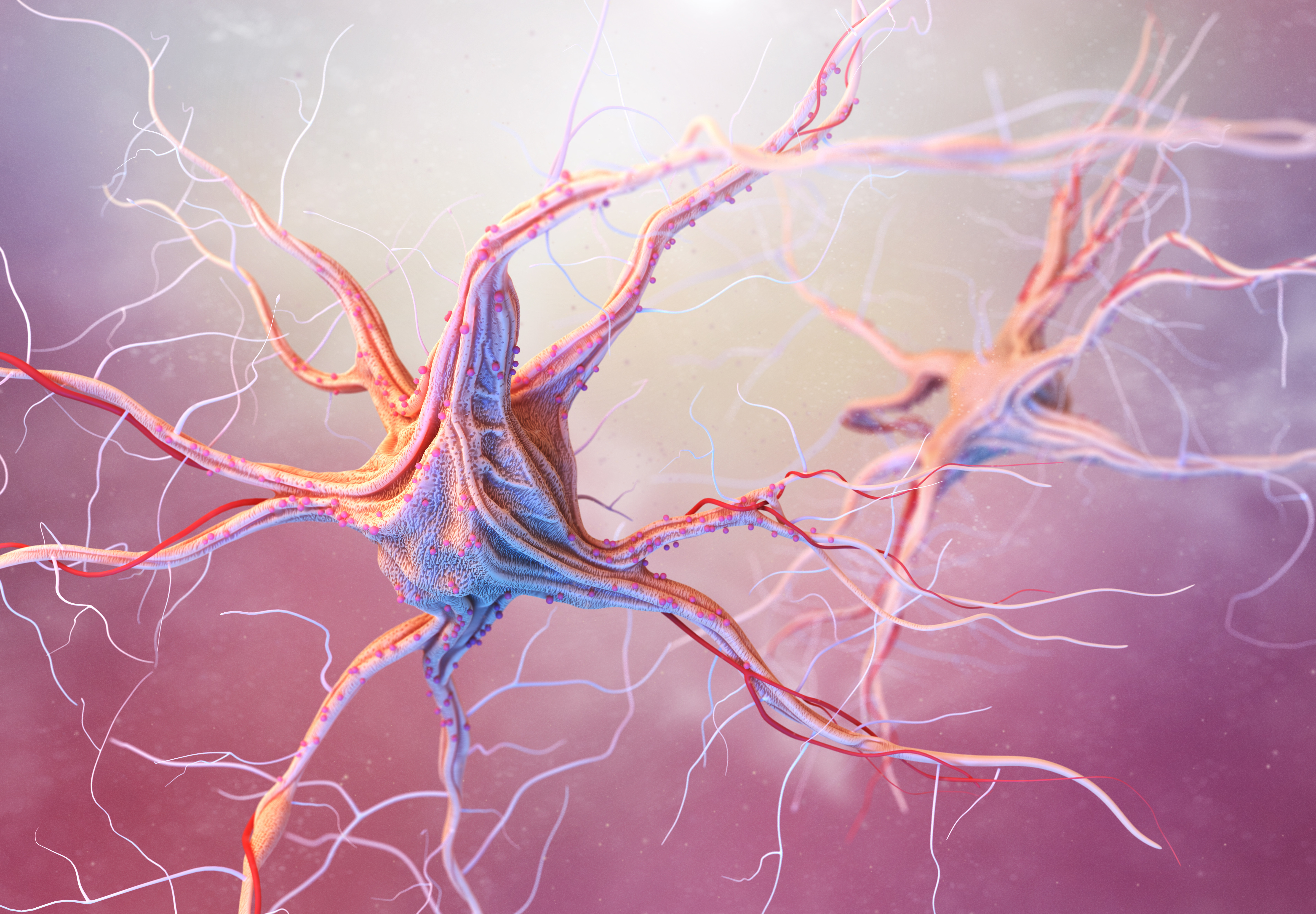 Abstract pink-and-blue neuron with branching tendrils on a glowing soft-focus background, evoking a sci-fi biological network