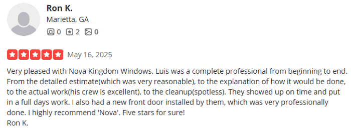 5-star Google review from a Nova Kingdom Windows customer