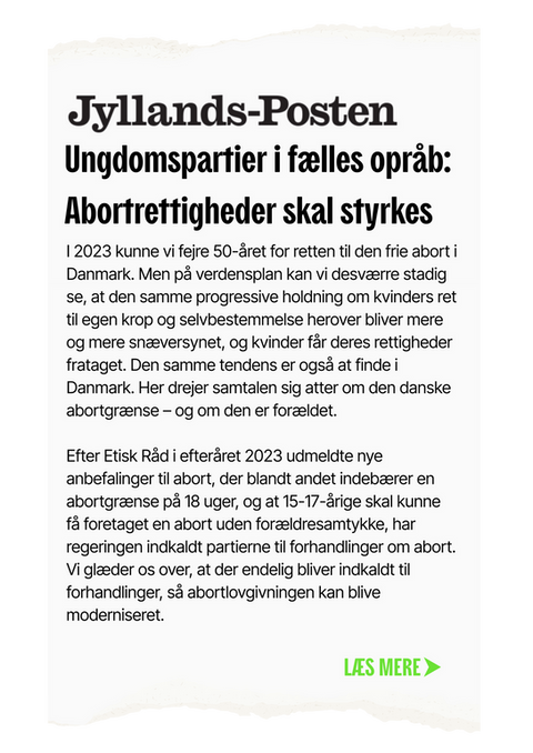 Kære moderparti: Fjern kravet om forældresamtykke ved aborter for unge mellem 15 og 17 år, og hæv abortgrænsen betydeligt.