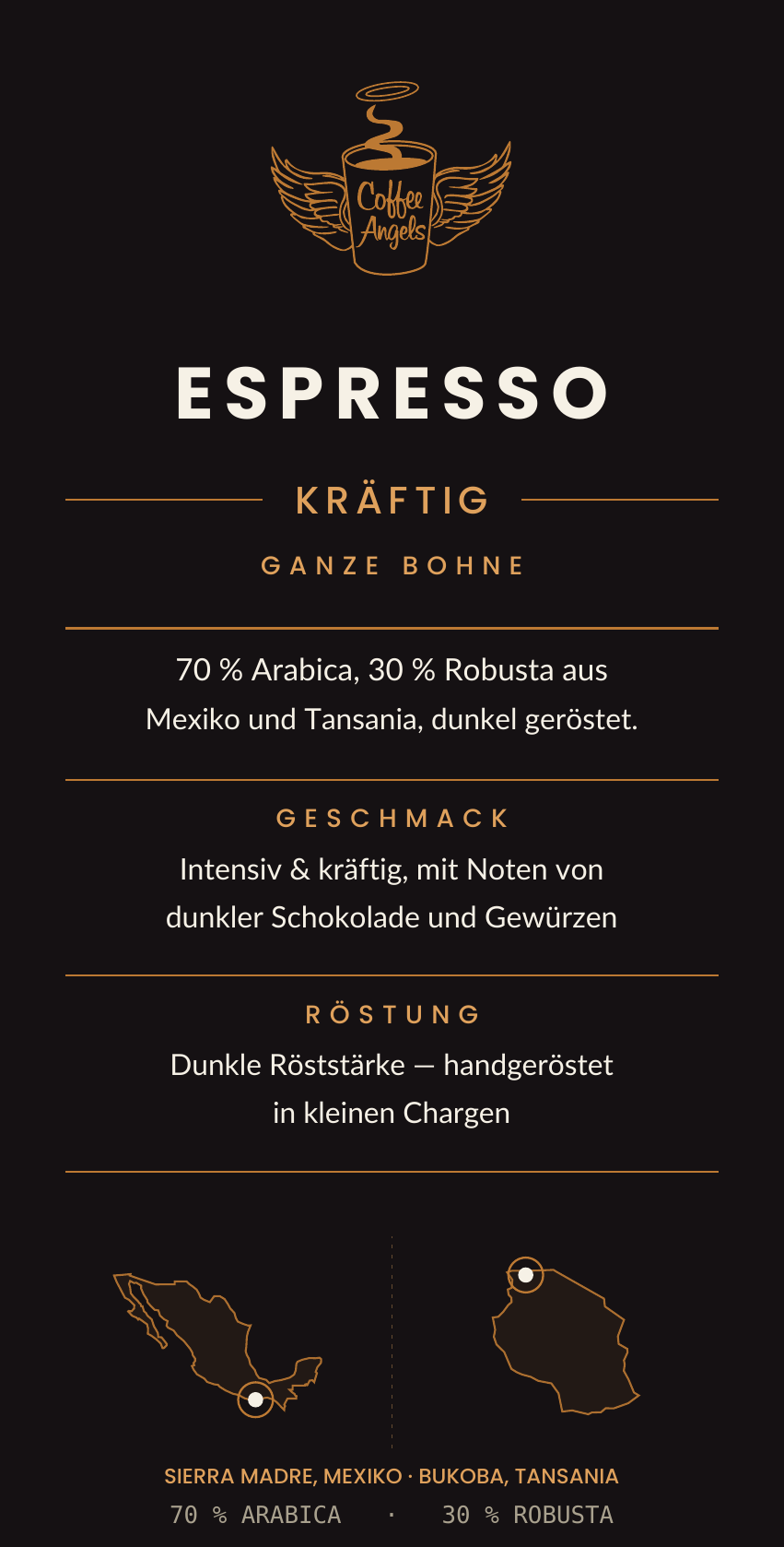 CoffeeAngels Bio-Espresso kräftig - 70% Arabica und 30% Robusta