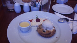 rubarb pie with vanilla ice cream whipped cream and custard
