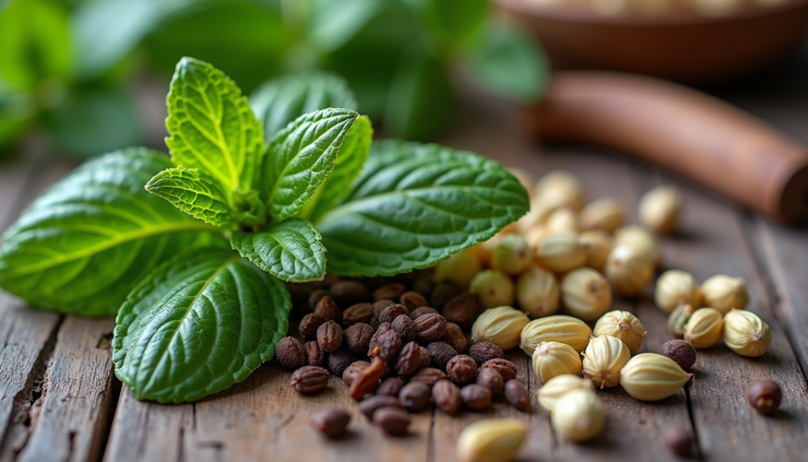 Close-up view of natural herbs including mint, fennel, cardamom, and cloves arranged on a wooden surface