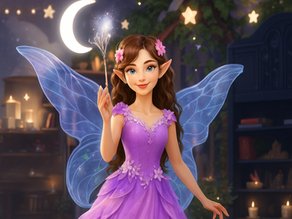 Illustration of the Tooth Fairy in a glowing purple dress with translucent wings, standing in a cozy, magical room under moonlight. She holds a sparkling wand and smiles warmly, surrounded by candlelight, stars, and ivy — representing bedtime magic and dream dust.
