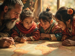 Watercolor-style illustration showing a warm, magical scene with a world map at the center; a Viking, a Spanish child, a Japanese child, and an Indonesian family are gathered around, representing global tooth traditions with a sense of family care and wonder.
