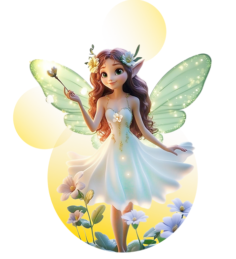 A magical fairy with glowing green wings and a white dress, holding a sparkling wand, standing among pastel flowers and yello