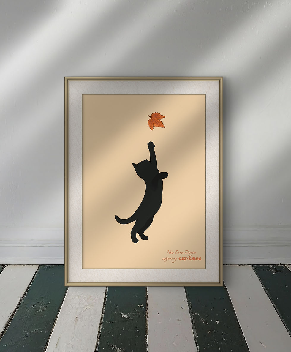 Thumbnail: Cat-Ching Black Cat & Leaf Print