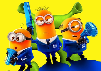 Three cartoonish, yellow creatures (Minions) in blue suits hold futuristic gadgets. The green and yellow background adds a playful vibe.
