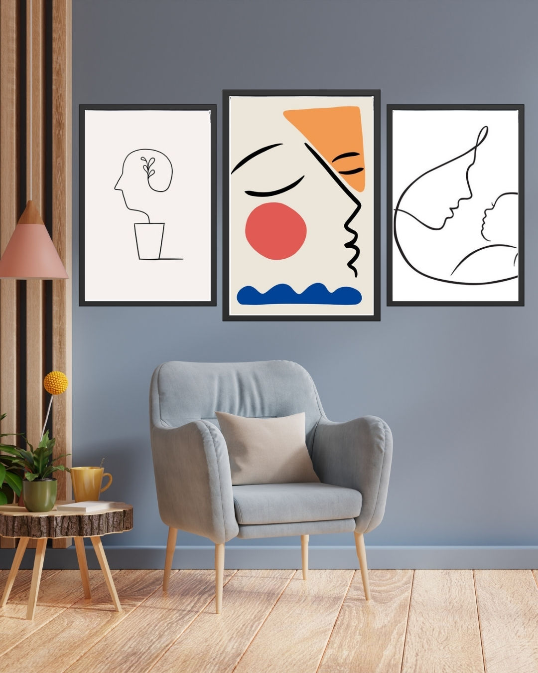 One Line Dekoratif 3'lü Tablo