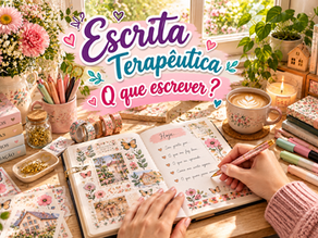 Mesa de journaling floral com mãos escrevendo no caderno; texto central Escrita Terapêutica, Que escrever?; café e velas ao lado.