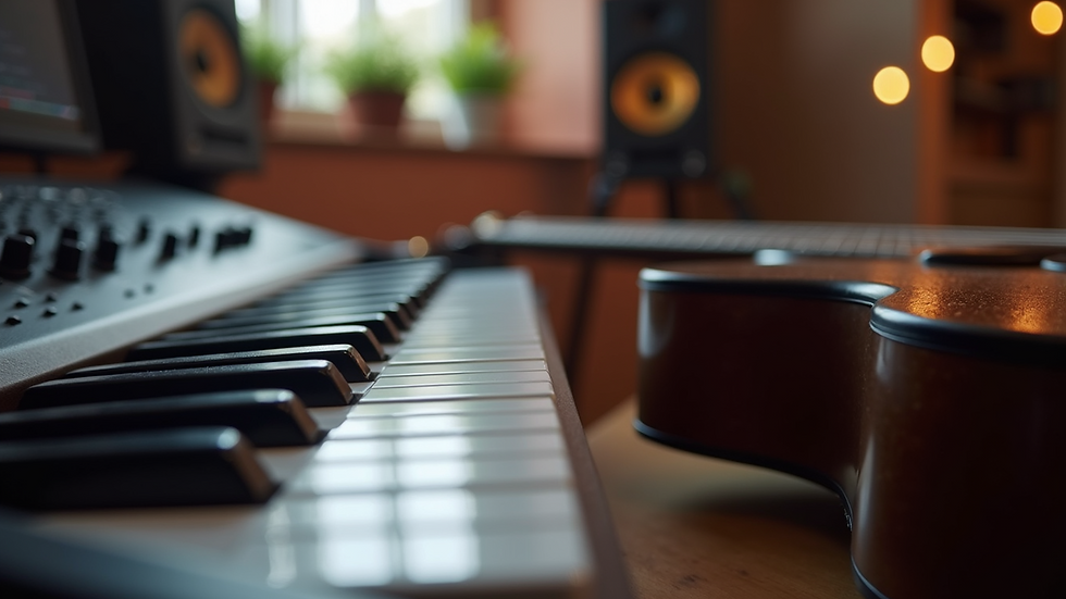 Close-up view of a guitar and keyboard on a music studio desk