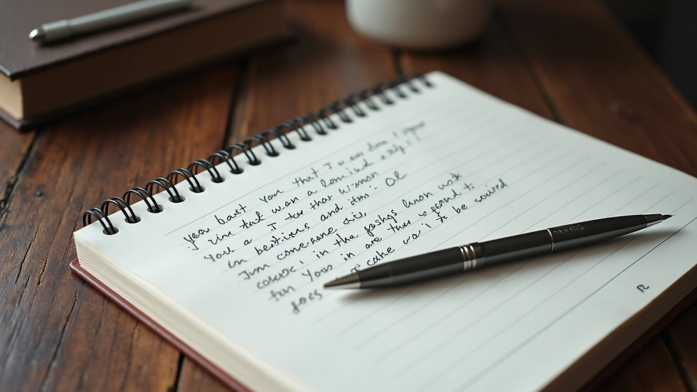 High angle view of a notebook with handwritten song lyrics and a pen