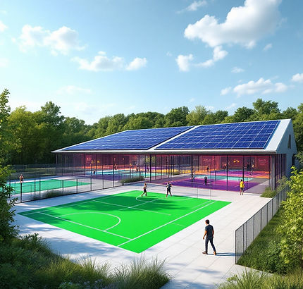 "Centre de padel durable avec toiture photovoltaïque, terrains de padel et multisports éco-responsables. Un complexe sportif 