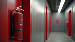 Red fire extinguisher mounted on a wall in a gray hallway with red accents. Fluorescent lighting creates a modern, industrial mood.